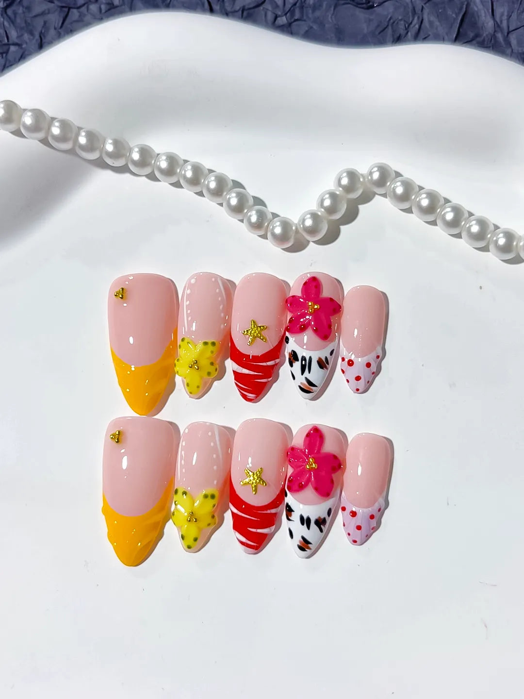 D346 - Medium Pink Yellow Almond French tip Flower Animal Print VibeNailsLab