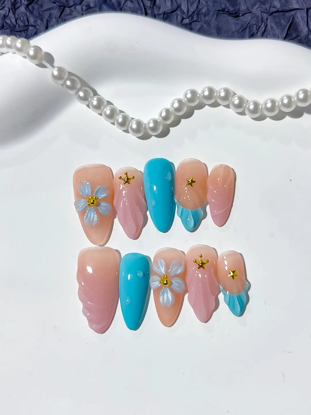 D348 - Medium Nude Pink Almond Abstract Flower Star