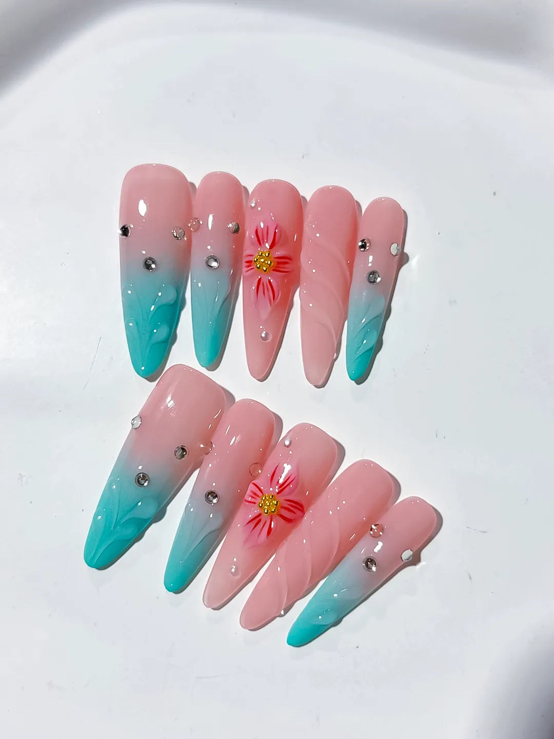 D353 - Long Pink Blue Stiletto Ombre Flower Rhinestone VibeNailsLab
