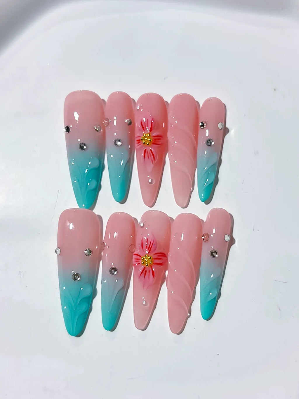 D353 - Long Pink Blue Stiletto Ombre Flower Rhinestone VibeNailsLab