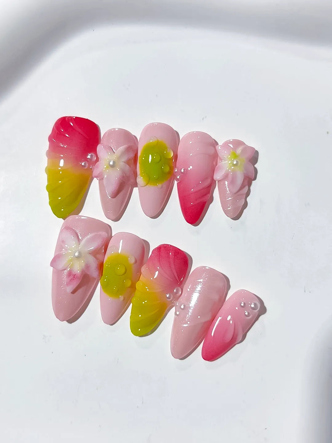 D354 - Medium Pink Yellow Almond Ombre Flower Pearl VibeNailsLab