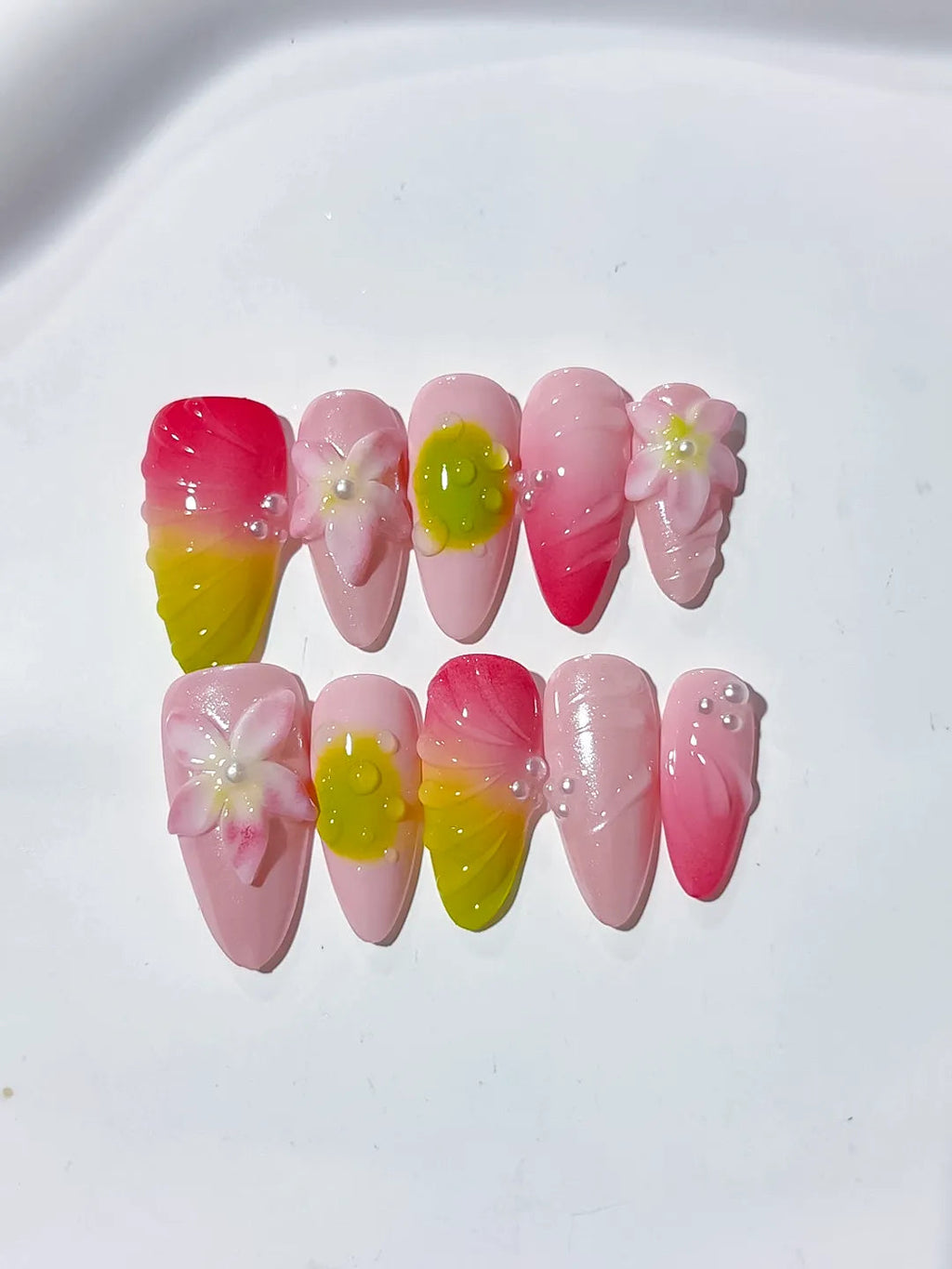 D354 - Medium Pink Yellow Almond Ombre Flower Pearl VibeNailsLab