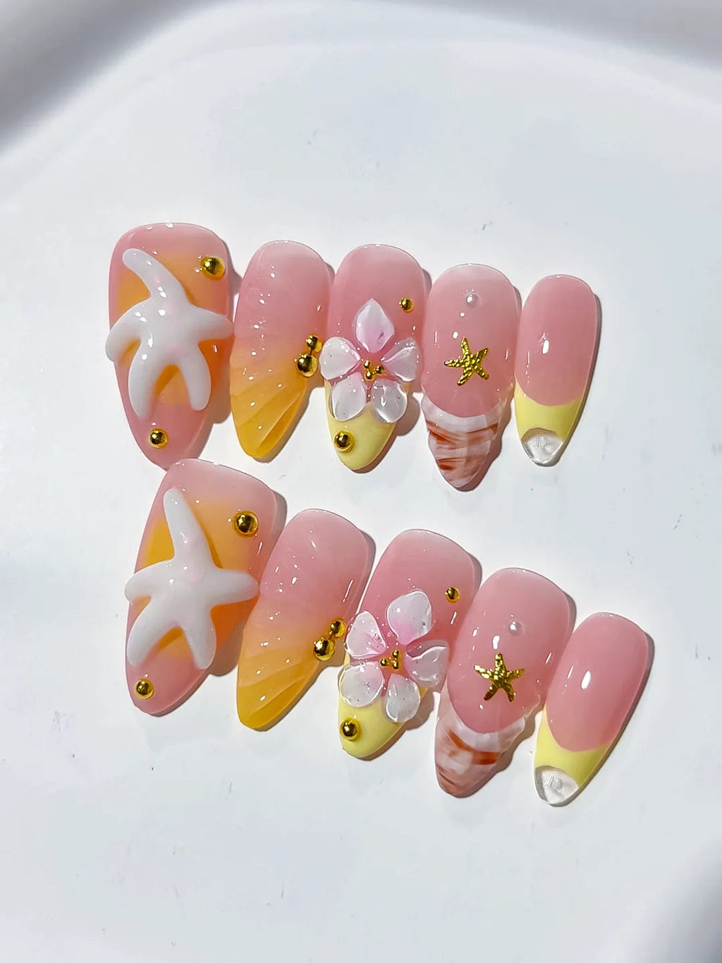 D355 - Medium Pink Yellow Almond French tip Starfish Flower VibeNailsLab