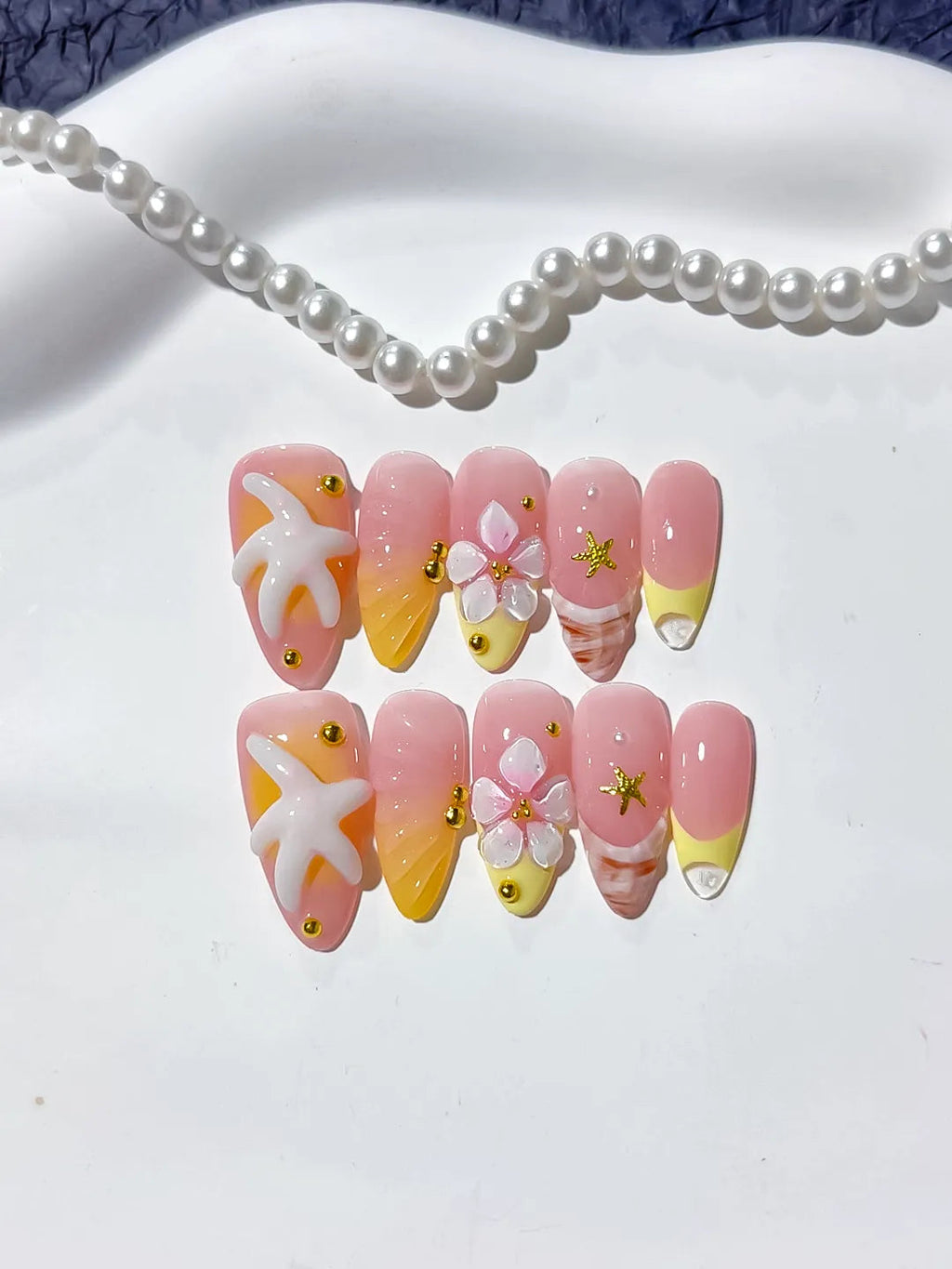 D355 - Medium Pink Yellow Almond French tip Starfish Flower VibeNailsLab
