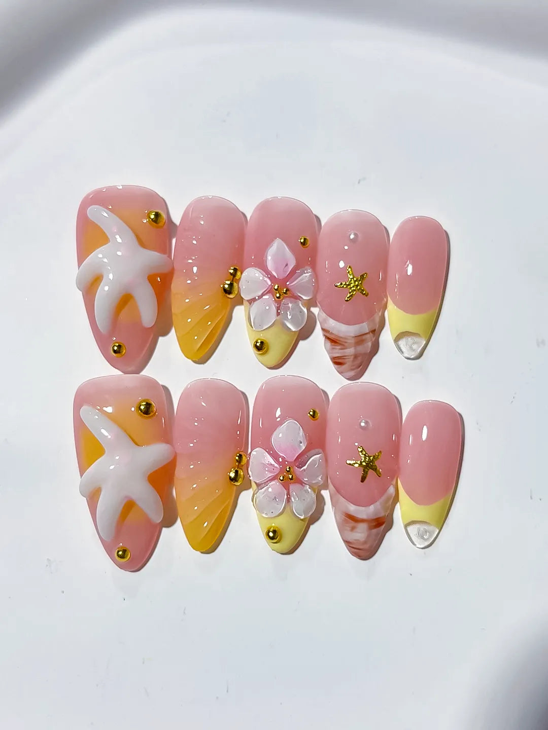 D355 - Medium Pink Yellow Almond French tip Starfish Flower VibeNailsLab