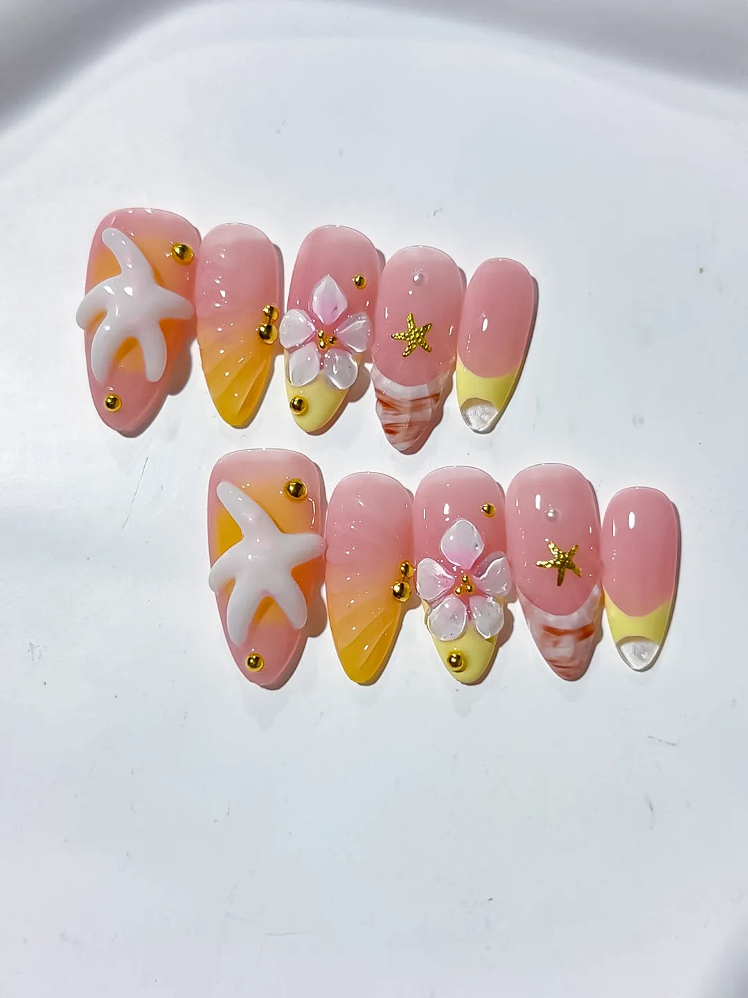 D355 - Medium Pink Yellow Almond French tip Starfish Flower VibeNailsLab