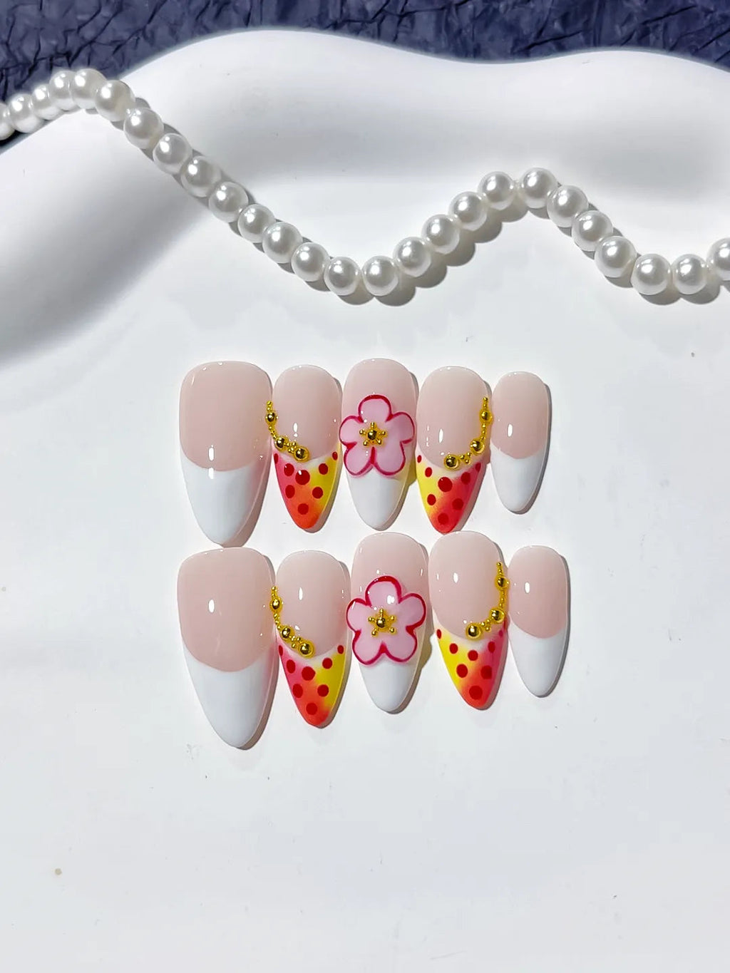 D356 - Medium Nude White Almond French tip Flower Dot Pattern VibeNailsLab