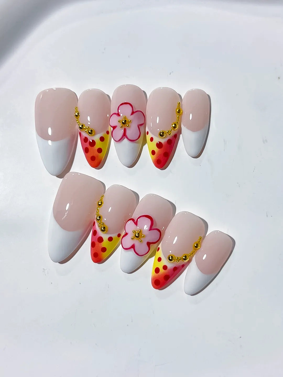 D356 - Medium Nude White Almond French tip Flower Dot Pattern VibeNailsLab