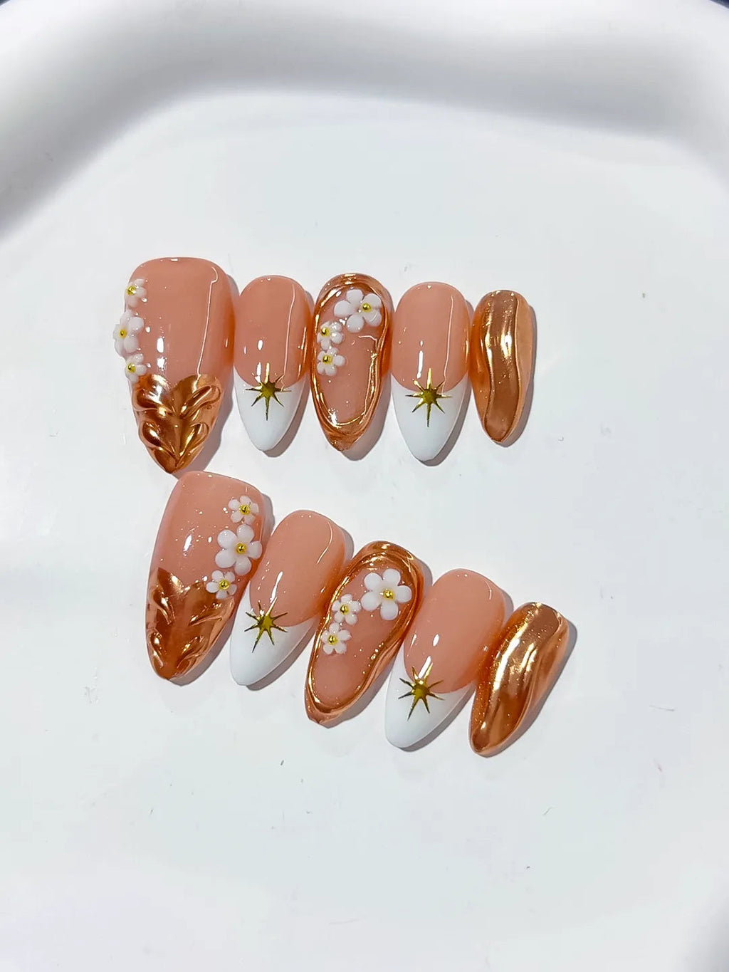 D358 - Medium Nude Brown Almond Metallic Flower Star VibeNailsLab