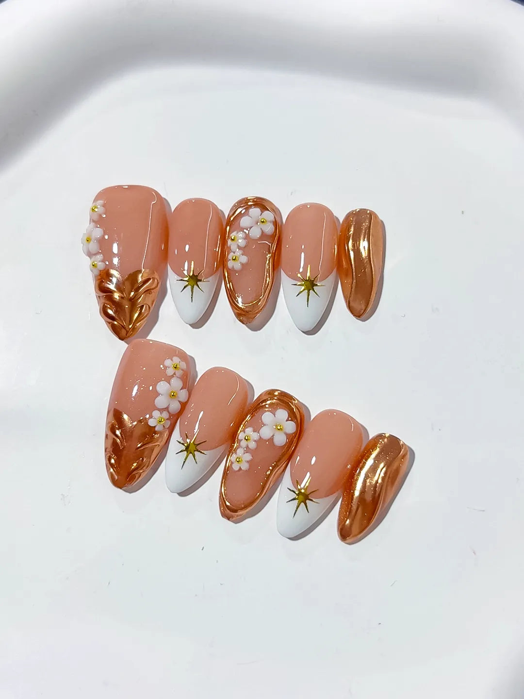 D358 - Medium Nude Brown Almond Metallic Flower Star VibeNailsLab