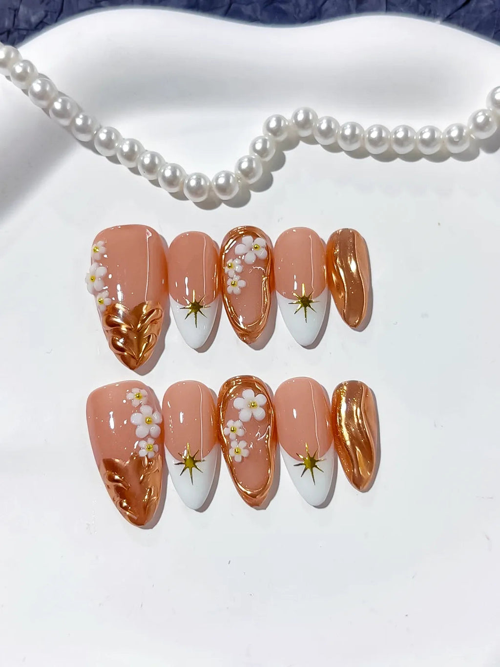 D358 - Medium Nude Brown Almond Metallic Flower Star VibeNailsLab