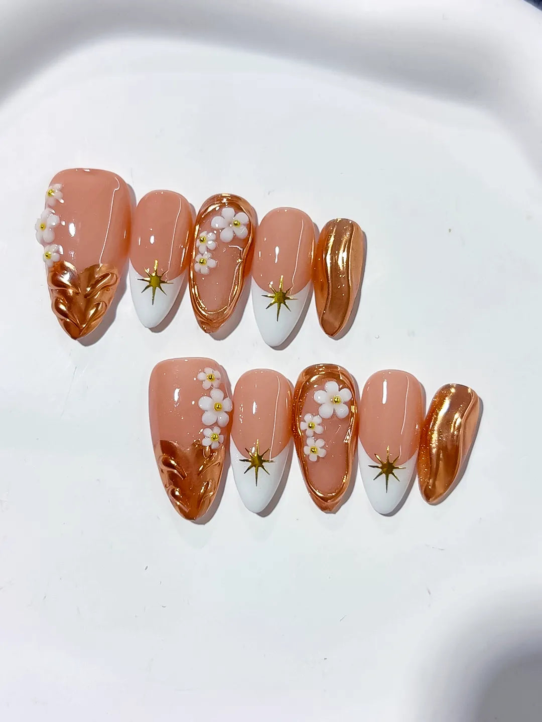 D358 - Medium Nude Brown Almond Metallic Flower Star VibeNailsLab