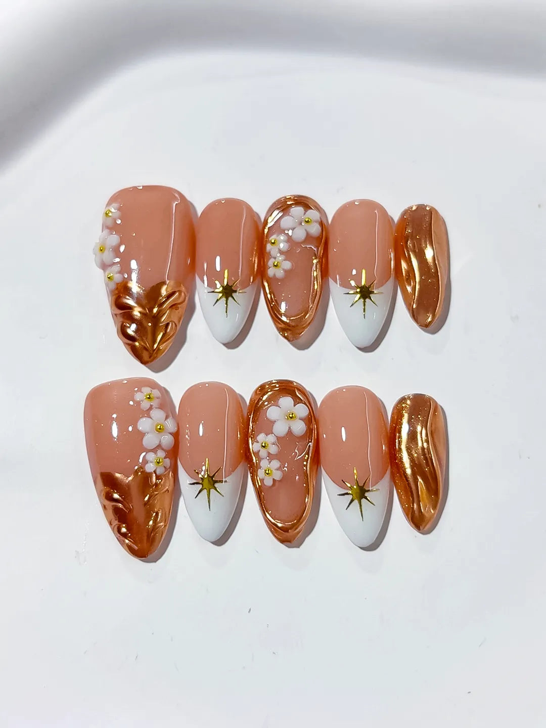 D358 - Medium Nude Brown Almond Metallic Flower Star VibeNailsLab
