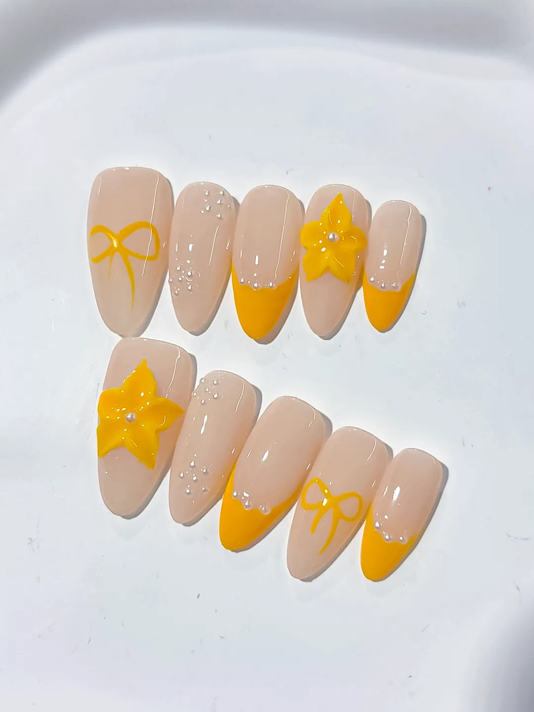 D359 - Medium Nude Yellow Almond French tip Flower Bow