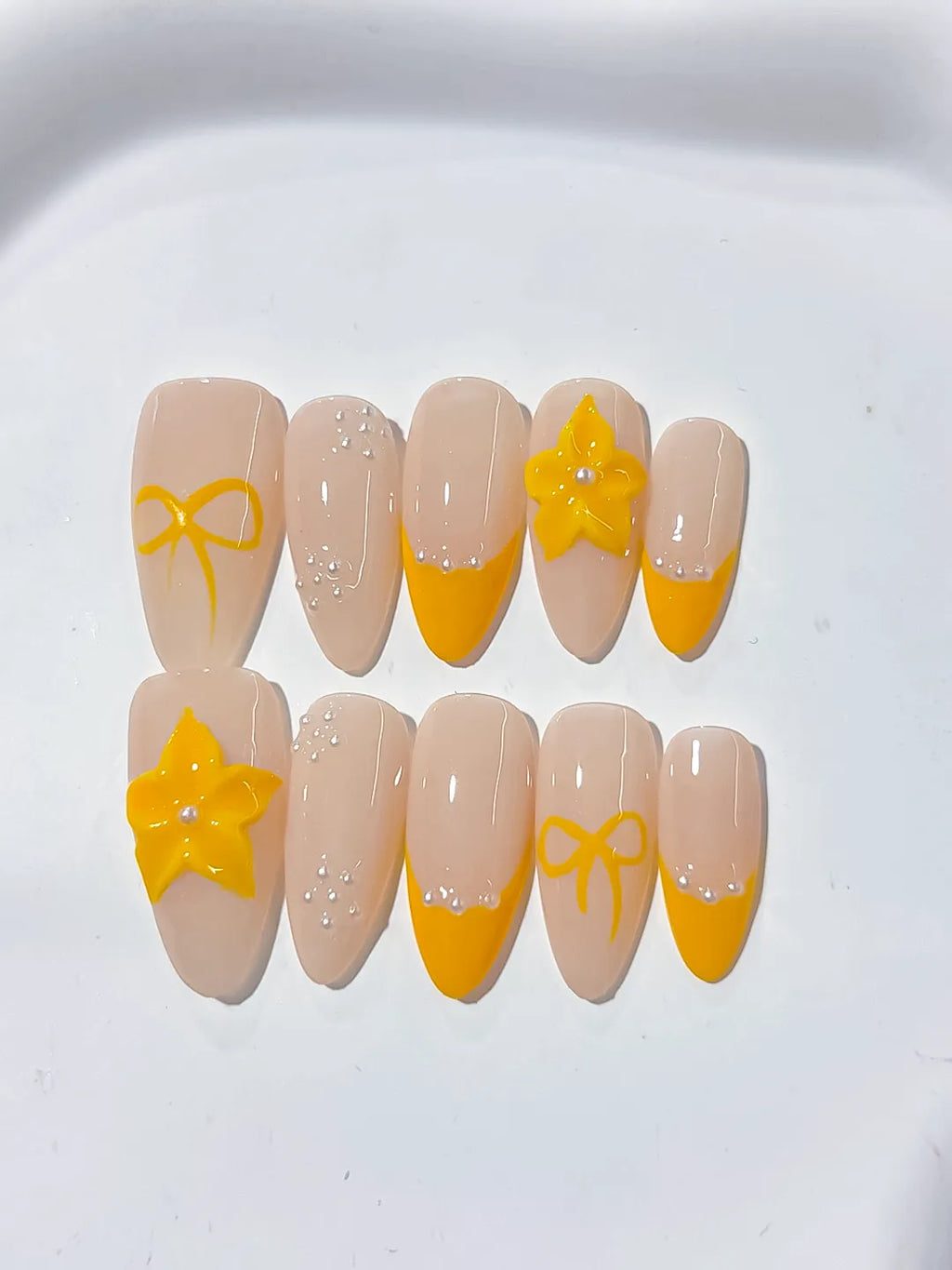 D359 - Medium Nude Yellow Almond French tip Flower Bow