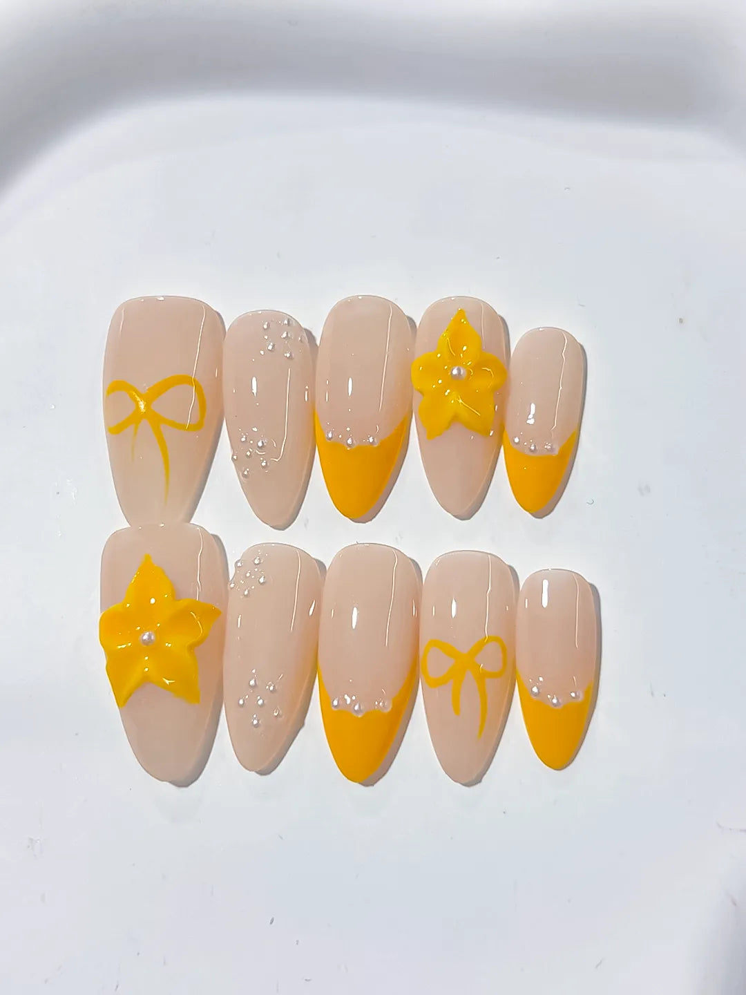 D359 - Medium Nude Yellow Almond French tip Flower Bow
