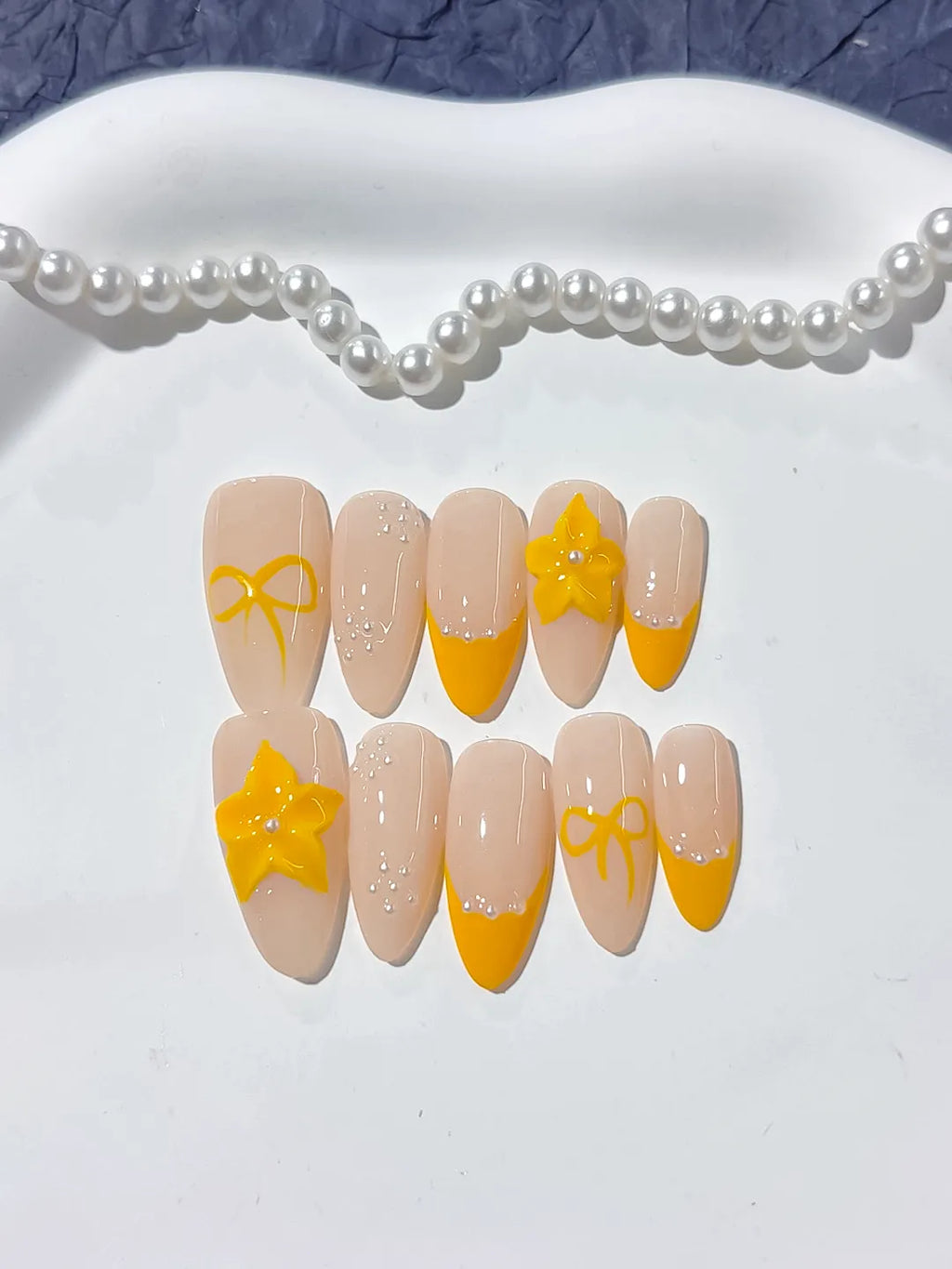D359 - Medium Nude Yellow Almond French tip Flower Bow