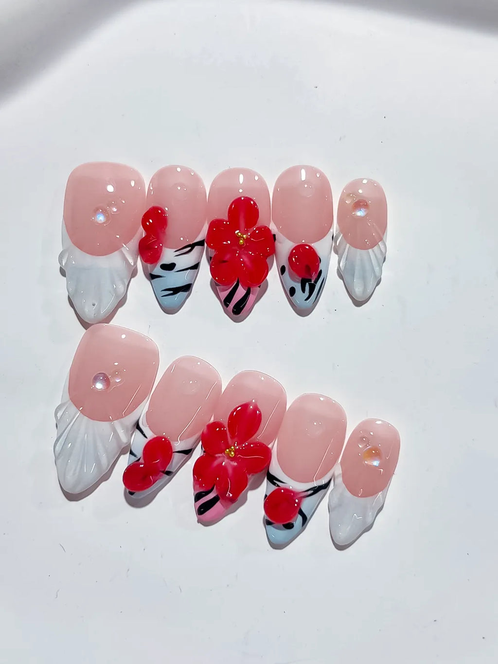 D363 - Medium Nude White Almond French tip Flower Heart