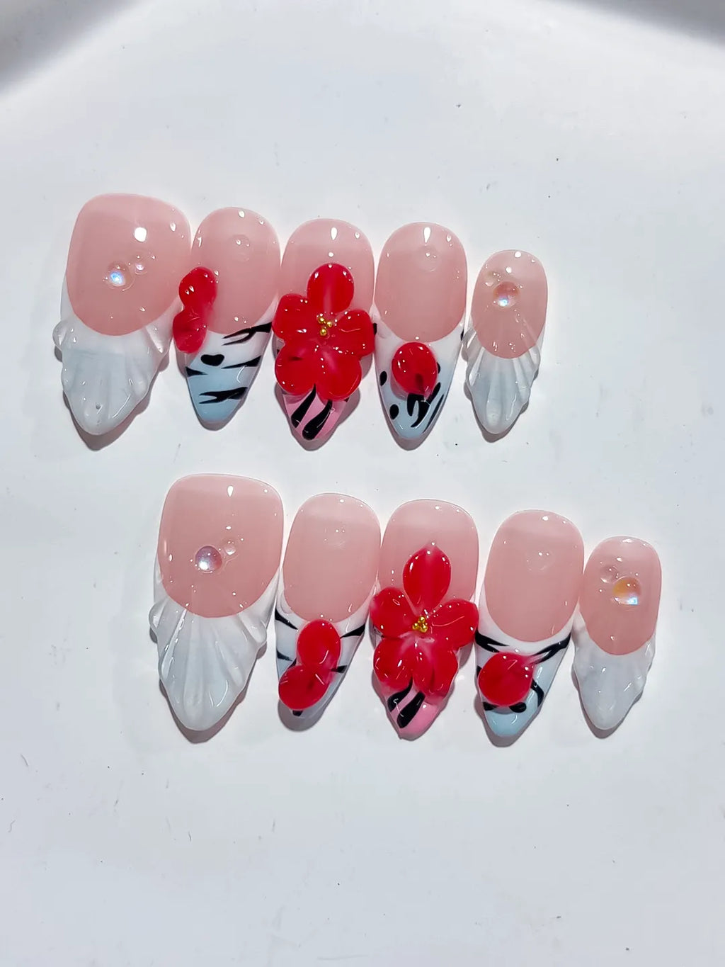 D363 - Medium Nude White Almond French tip Flower Heart