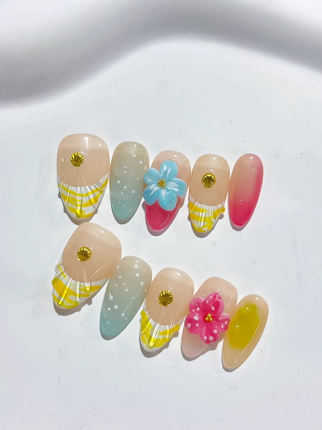 D365 - Short Nude Yellow Almond Abstract Flower Shell VibeNailsLab