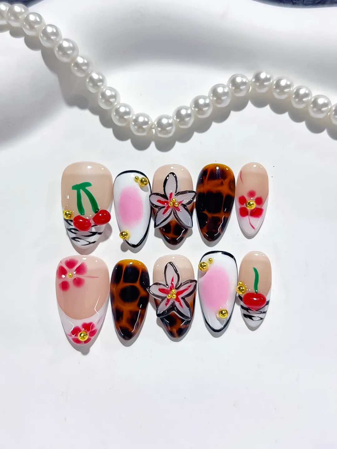 D366 - Short Nude White Almond Abstract Cherry Flower VibeNailsLab