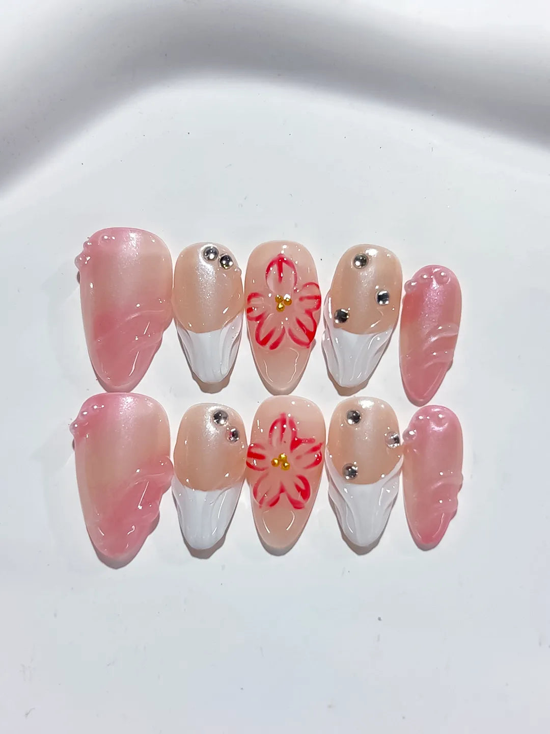 D367 - Short Pink White Almond Ombre Flower Rhinestone VibeNailsLab