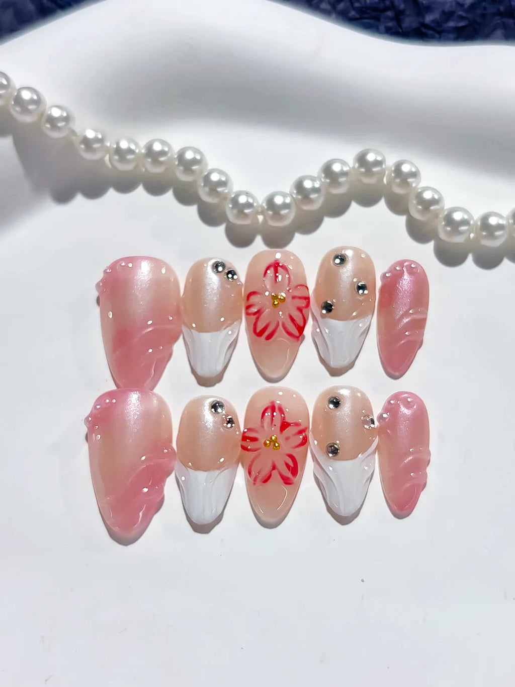 D367 - Short Pink White Almond Ombre Flower Rhinestone VibeNailsLab