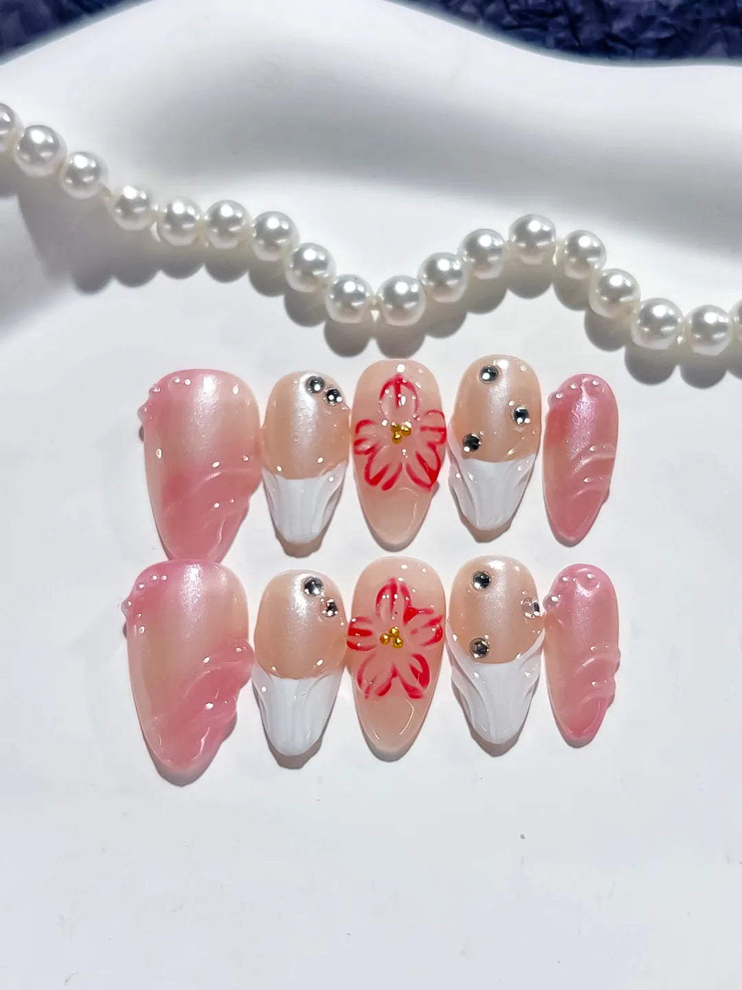 D367 - Short Pink White Almond Ombre Flower Rhinestone VibeNailsLab
