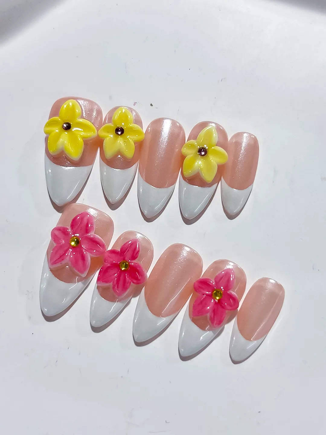 D368 - Medium Nude White Almond French tip Flower VibeNailsLab