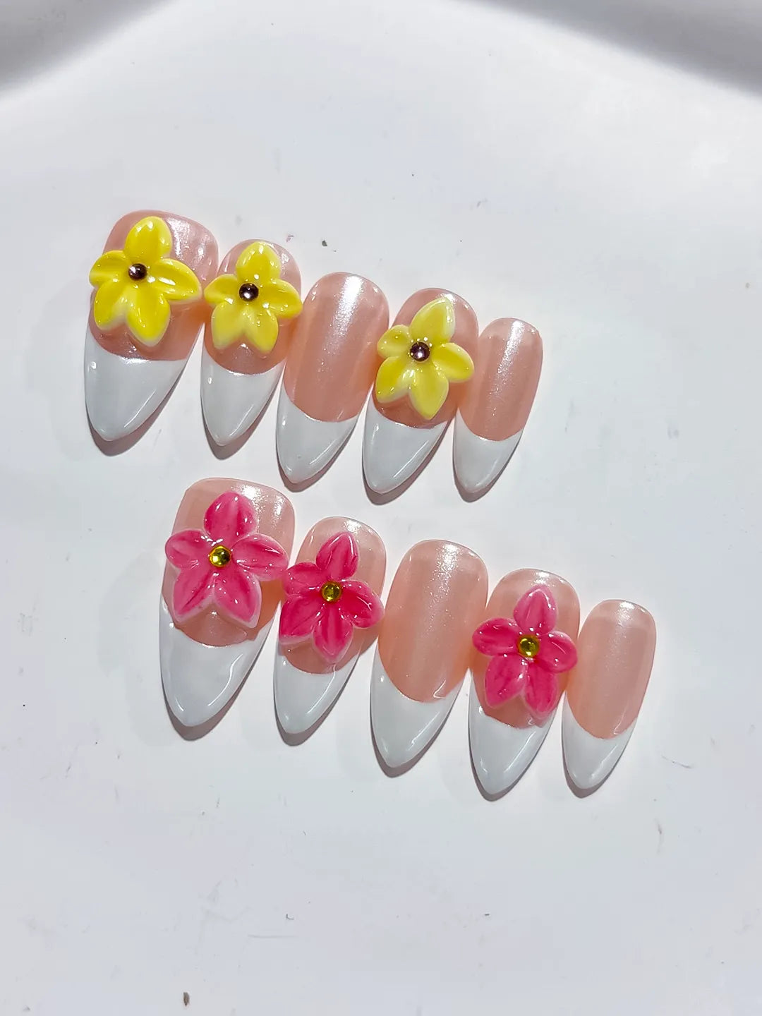 D368 - Medium Nude White Almond French tip Flower VibeNailsLab