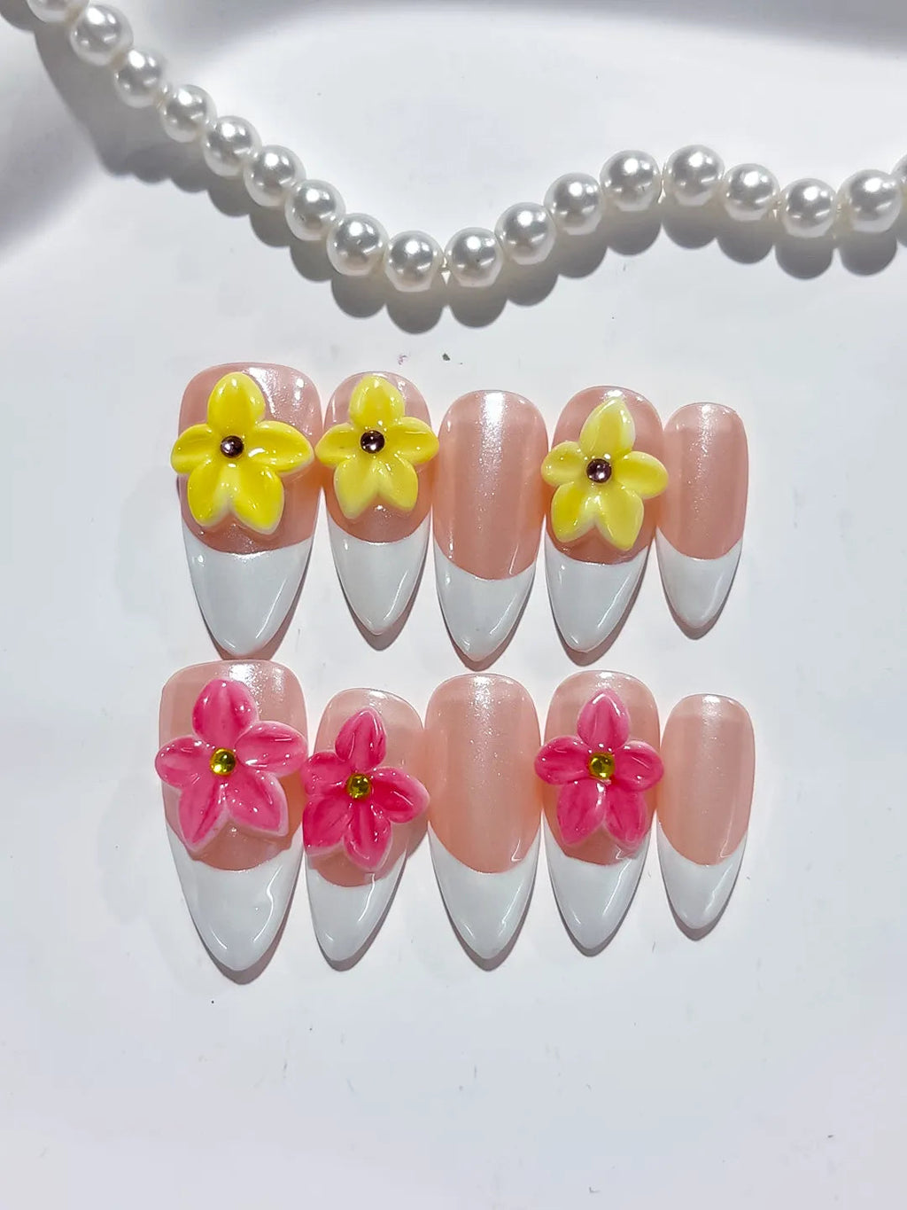 D368 - Medium Nude White Almond French tip Flower VibeNailsLab