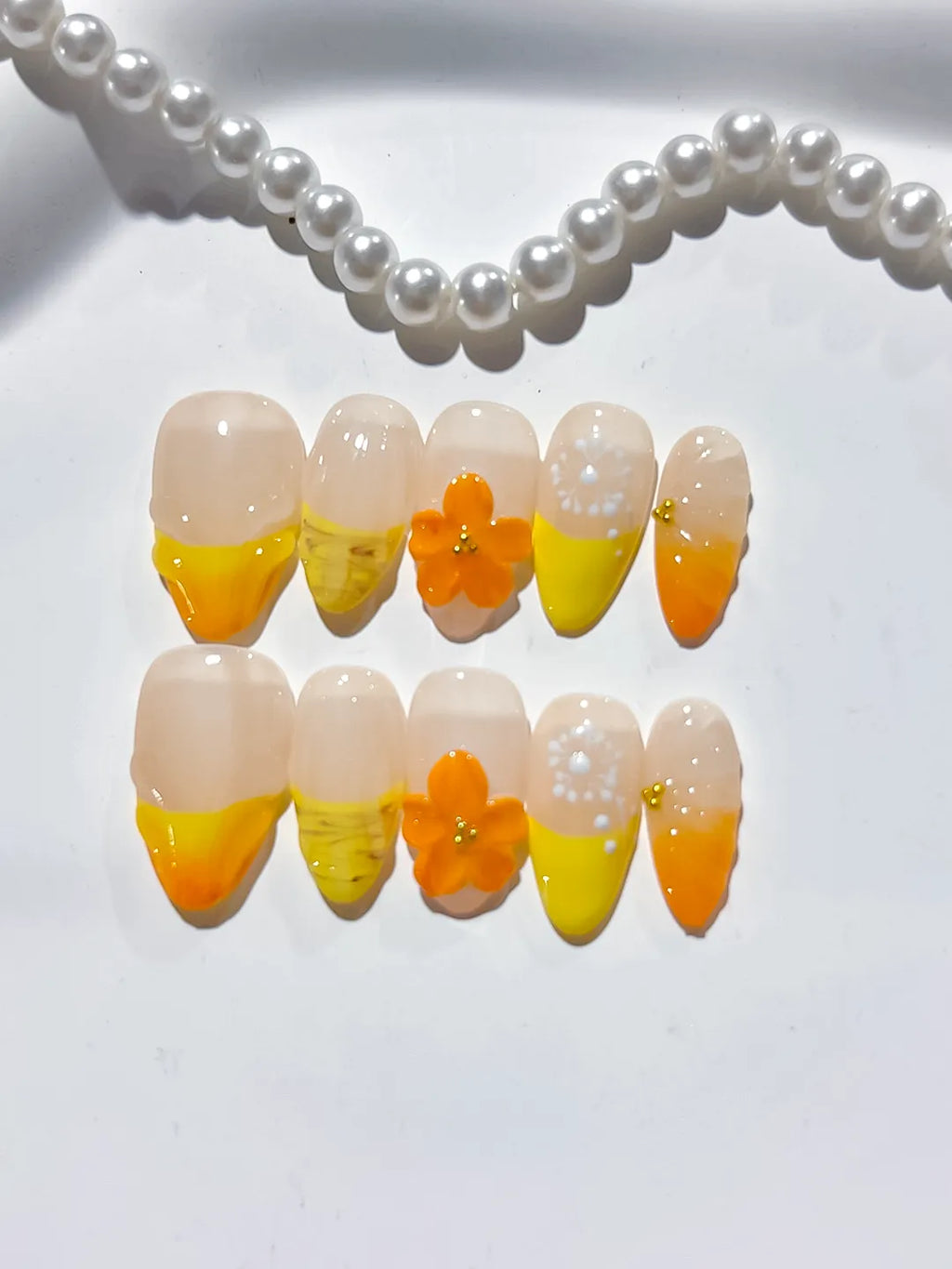 D369 - Short Nude Yellow Almond French tip Flower Fruit