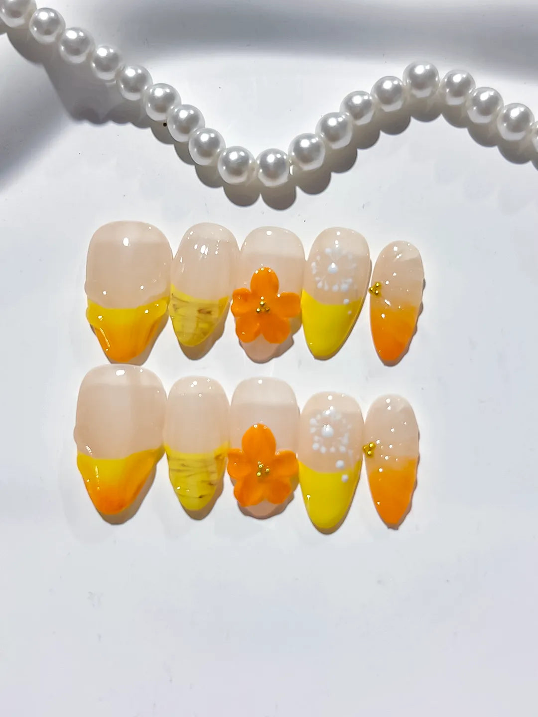 D369 - Short Nude Yellow Almond French tip Flower Fruit