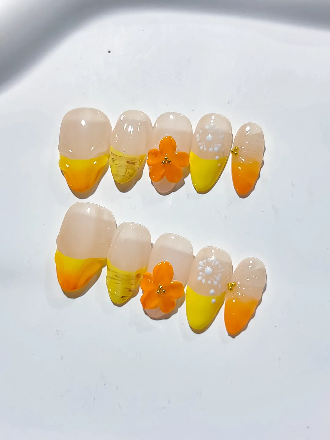 D369 - Short Nude Yellow Almond French tip Flower Fruit