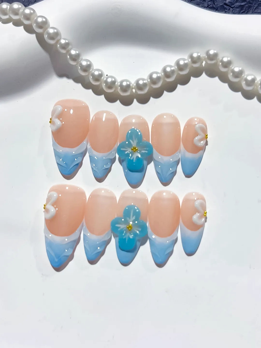 D370 - Medium Nude Blue Almond French tip Flower Bow VibeNailsLab