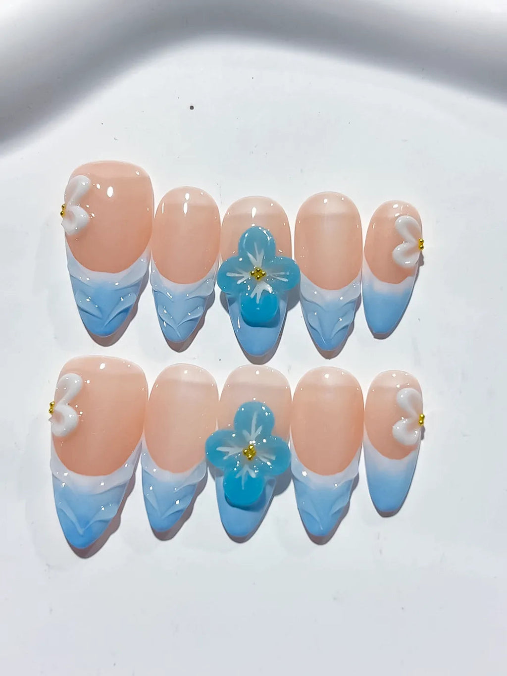 D370 - Medium Nude Blue Almond French tip Flower Bow VibeNailsLab