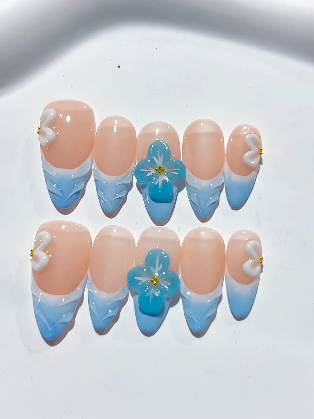 D370 - Medium Nude Blue Almond French tip Flower Bow VibeNailsLab