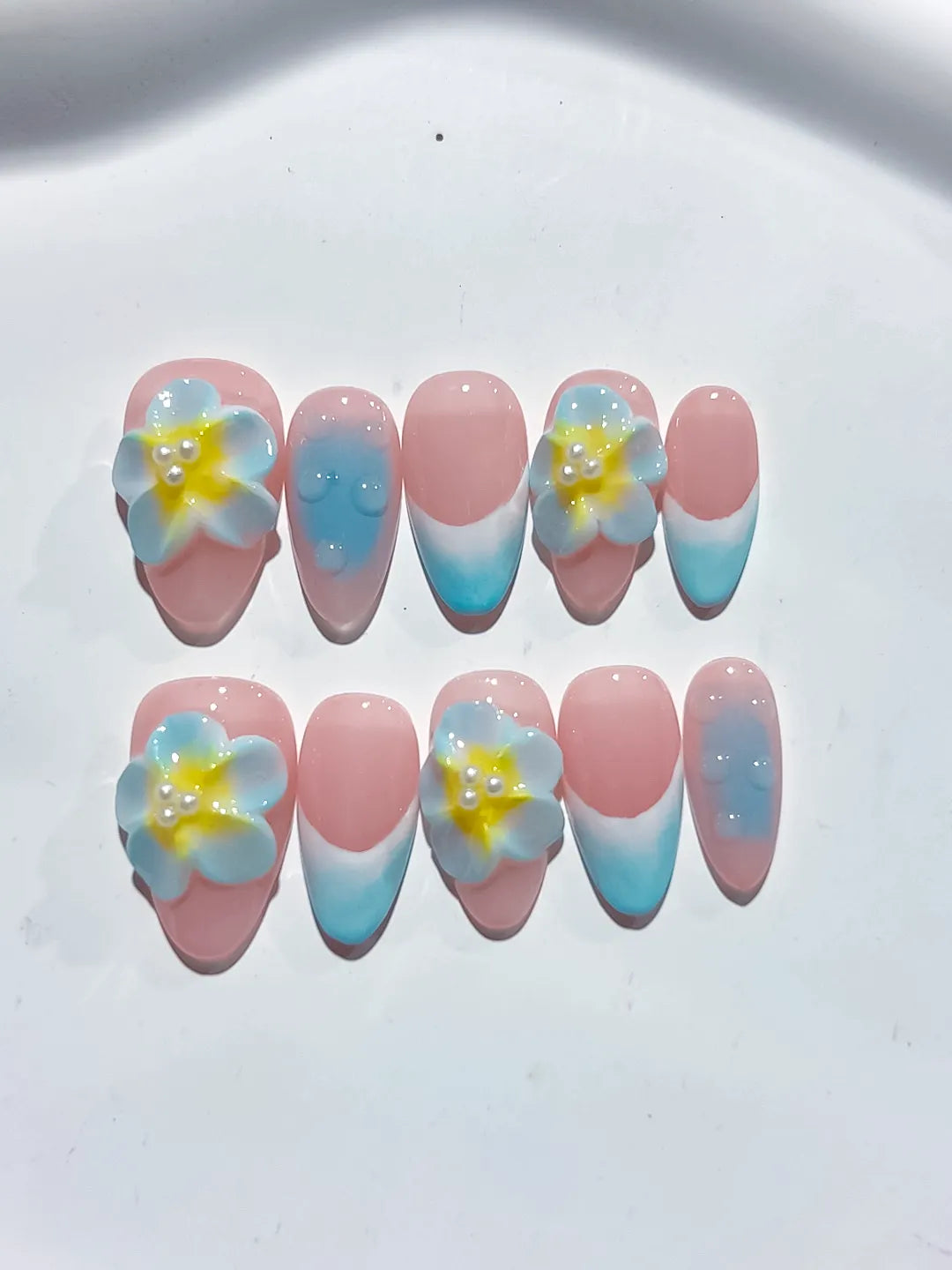 D371 - Short Pink Blue Almond Ombre Flower