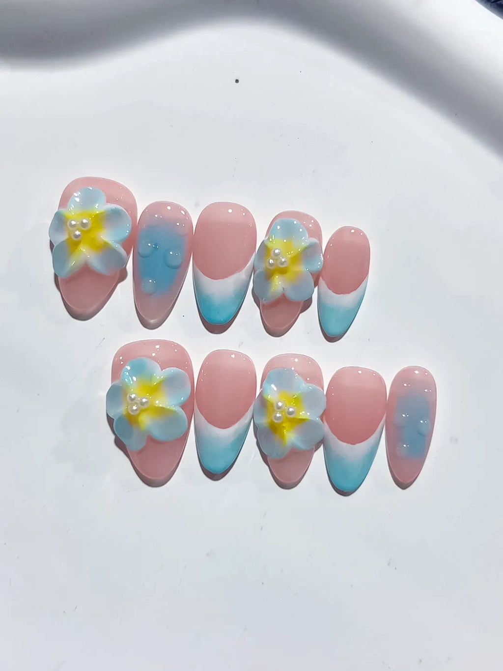 D371 - Short Pink Blue Almond Ombre Flower