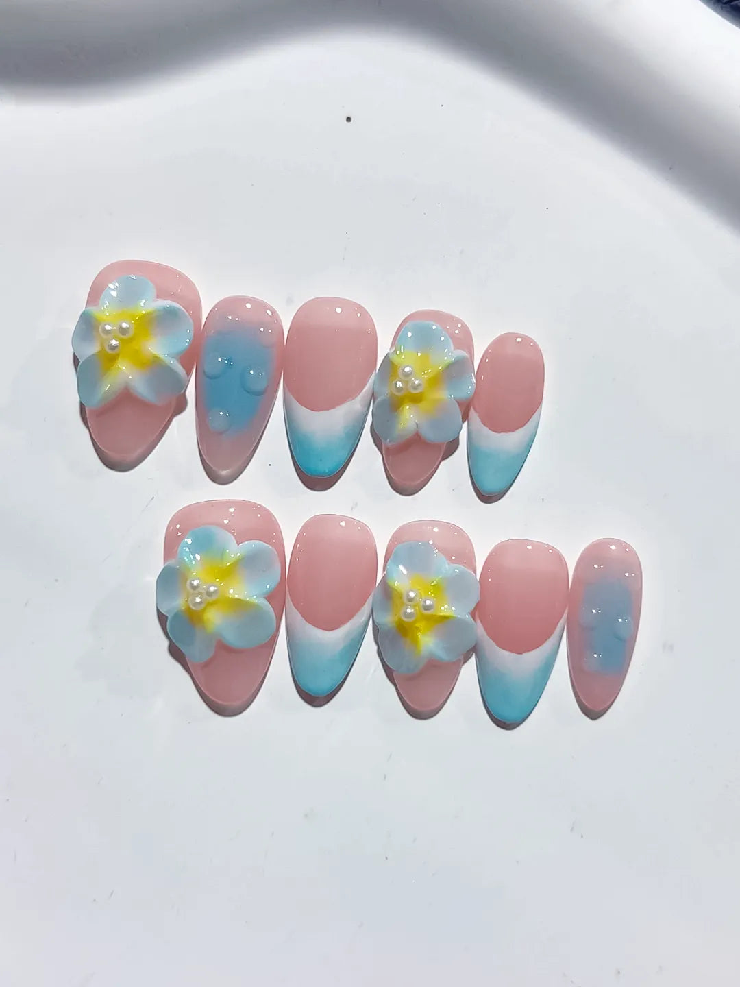D371 - Short Pink Blue Almond Ombre Flower
