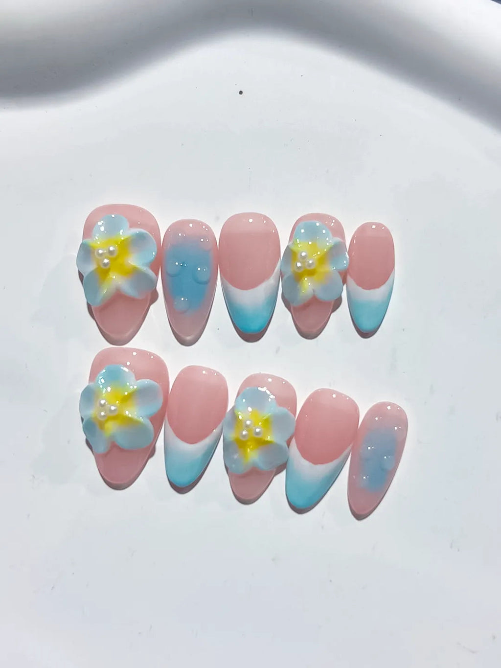 D371 - Short Pink Blue Almond Ombre Flower VibeNailsLab