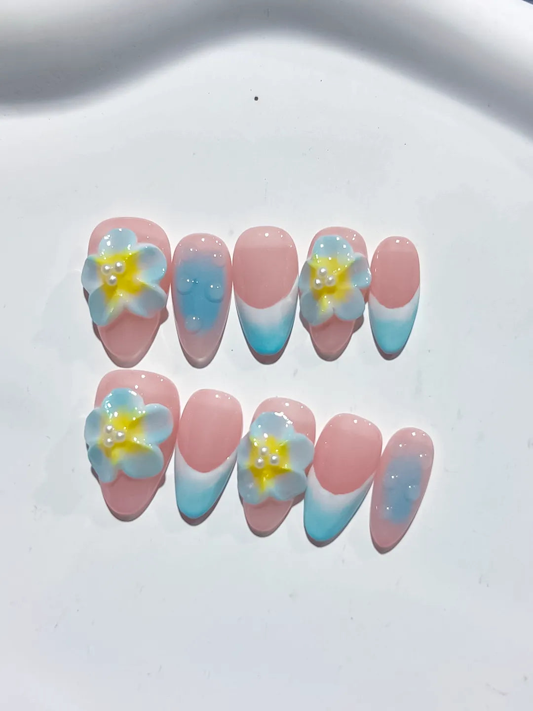 D371 - Short Pink Blue Almond Ombre Flower VibeNailsLab