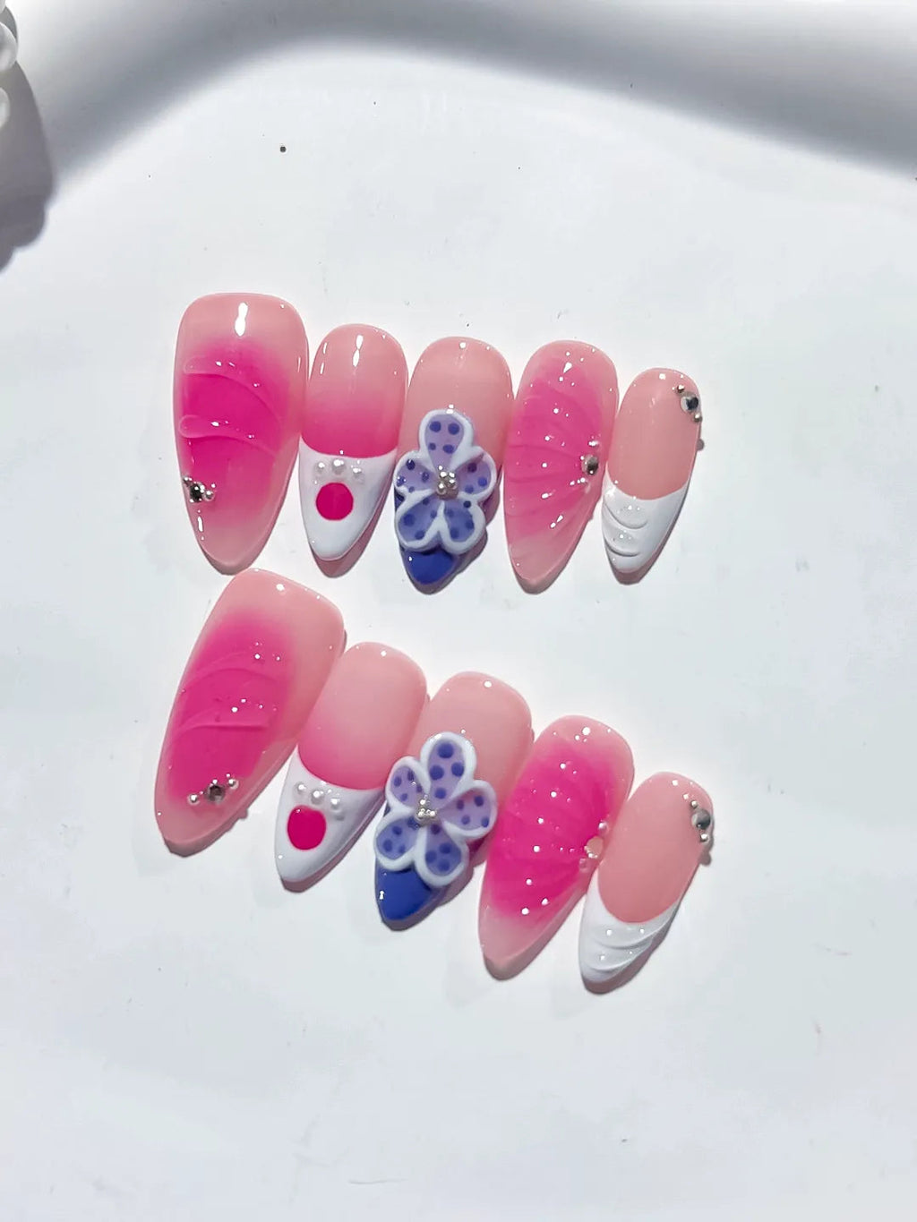 D372 - Medium Pink Nude Almond Ombre Flower Rhinestone VibeNailsLab