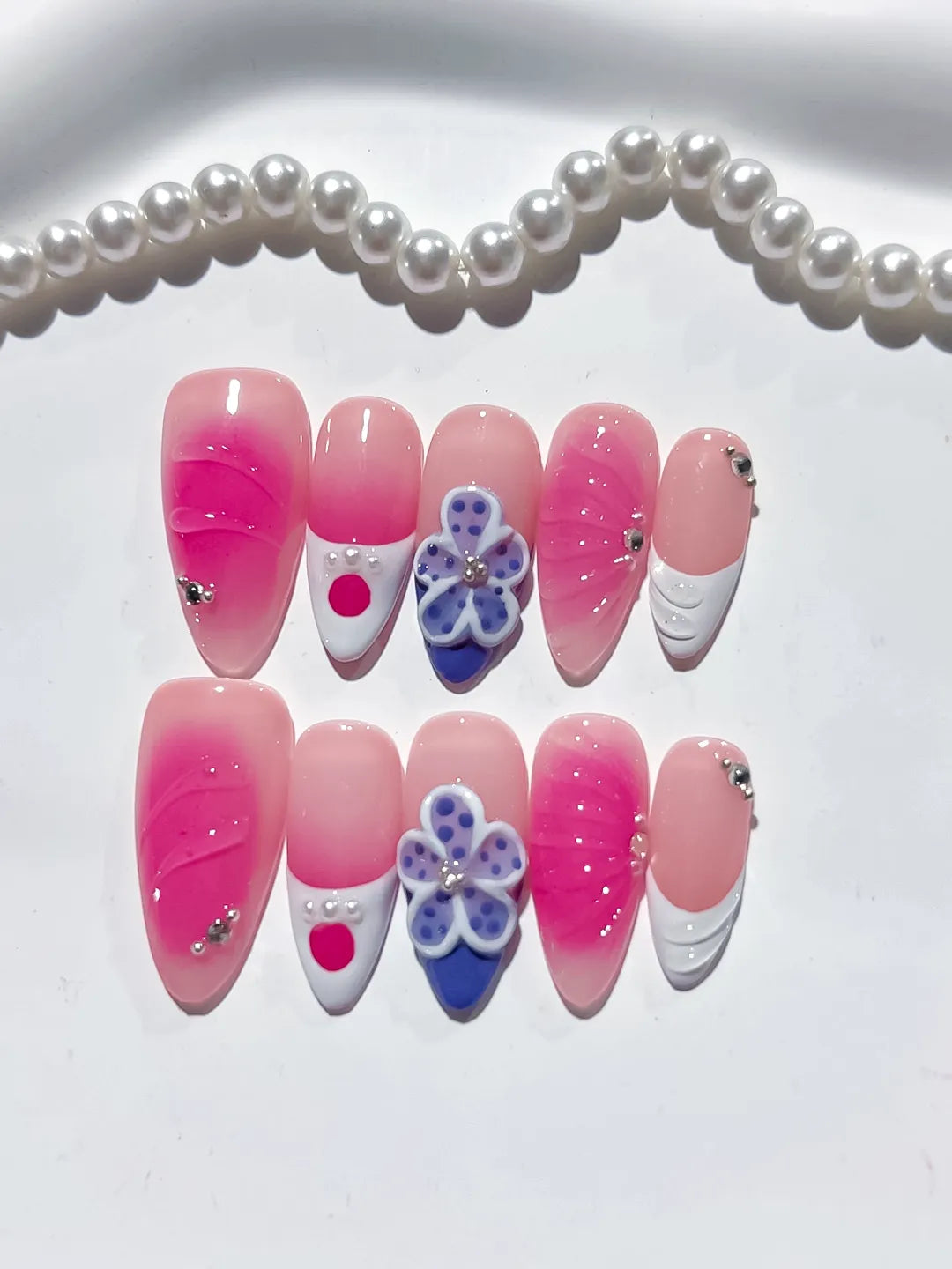 D372 - Medium Pink Nude Almond Ombre Flower Rhinestone VibeNailsLab