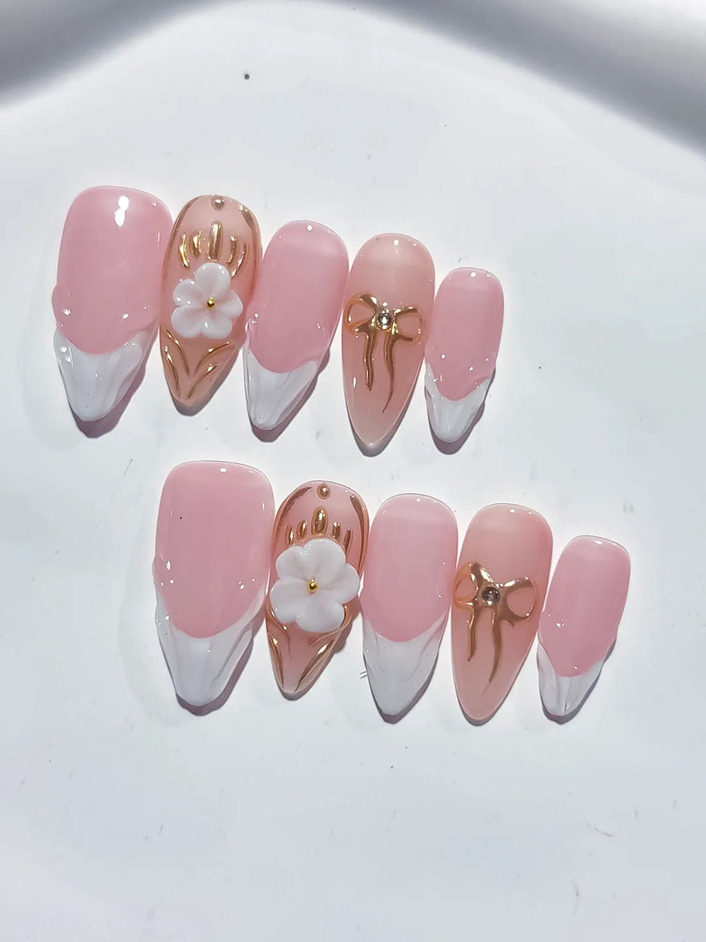 D377 - Medium Pink White Almond French tip Flower Bow VibeNailsLab