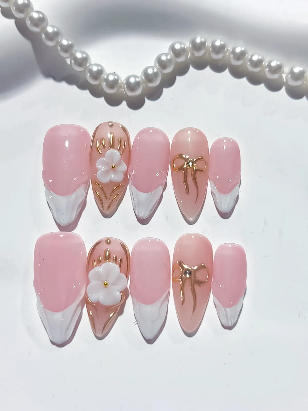 D377 - Medium Pink White Almond French tip Flower Bow VibeNailsLab