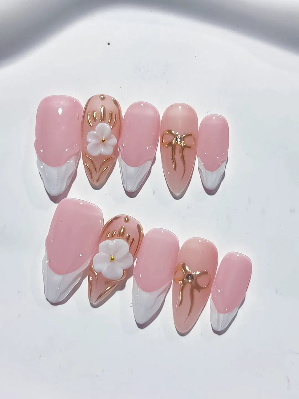 D377 - Medium Pink White Almond French tip Flower Bow VibeNailsLab