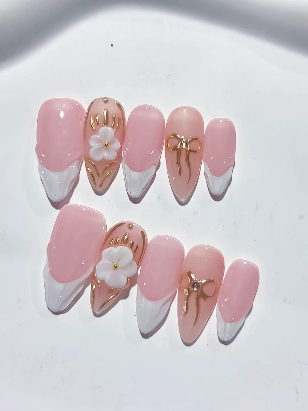 D377 - Medium Pink White Almond French tip Flower Bow VibeNailsLab
