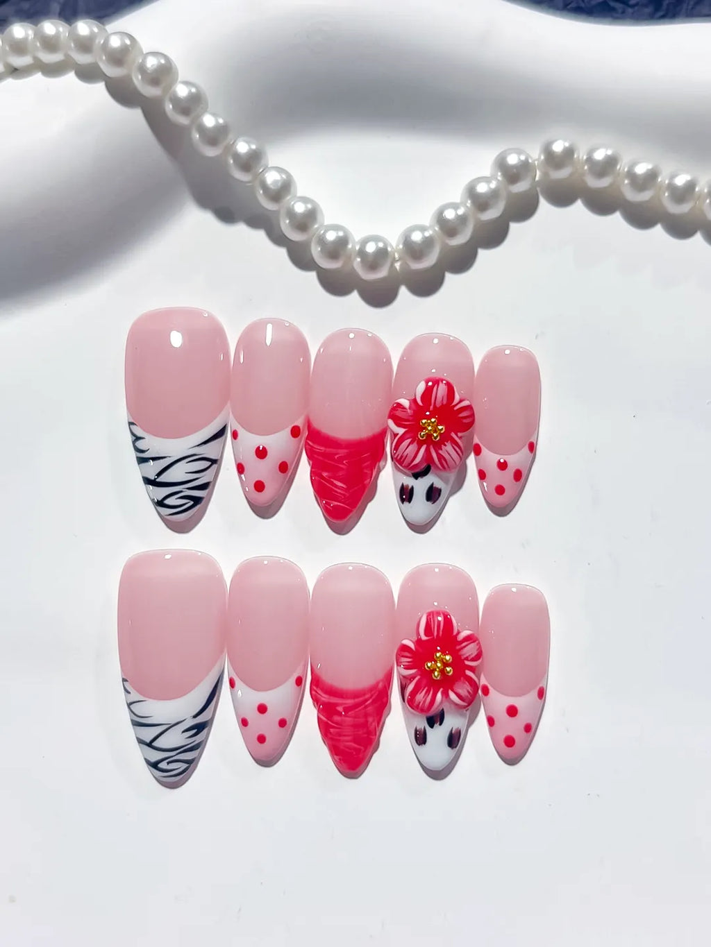 D378 - Medium Pink White Almond Abstract Flower Dot Pattern