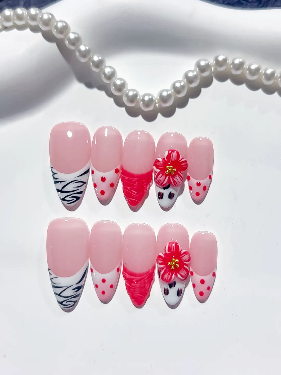 D378 - Medium Pink White Almond Abstract Flower Dot Pattern